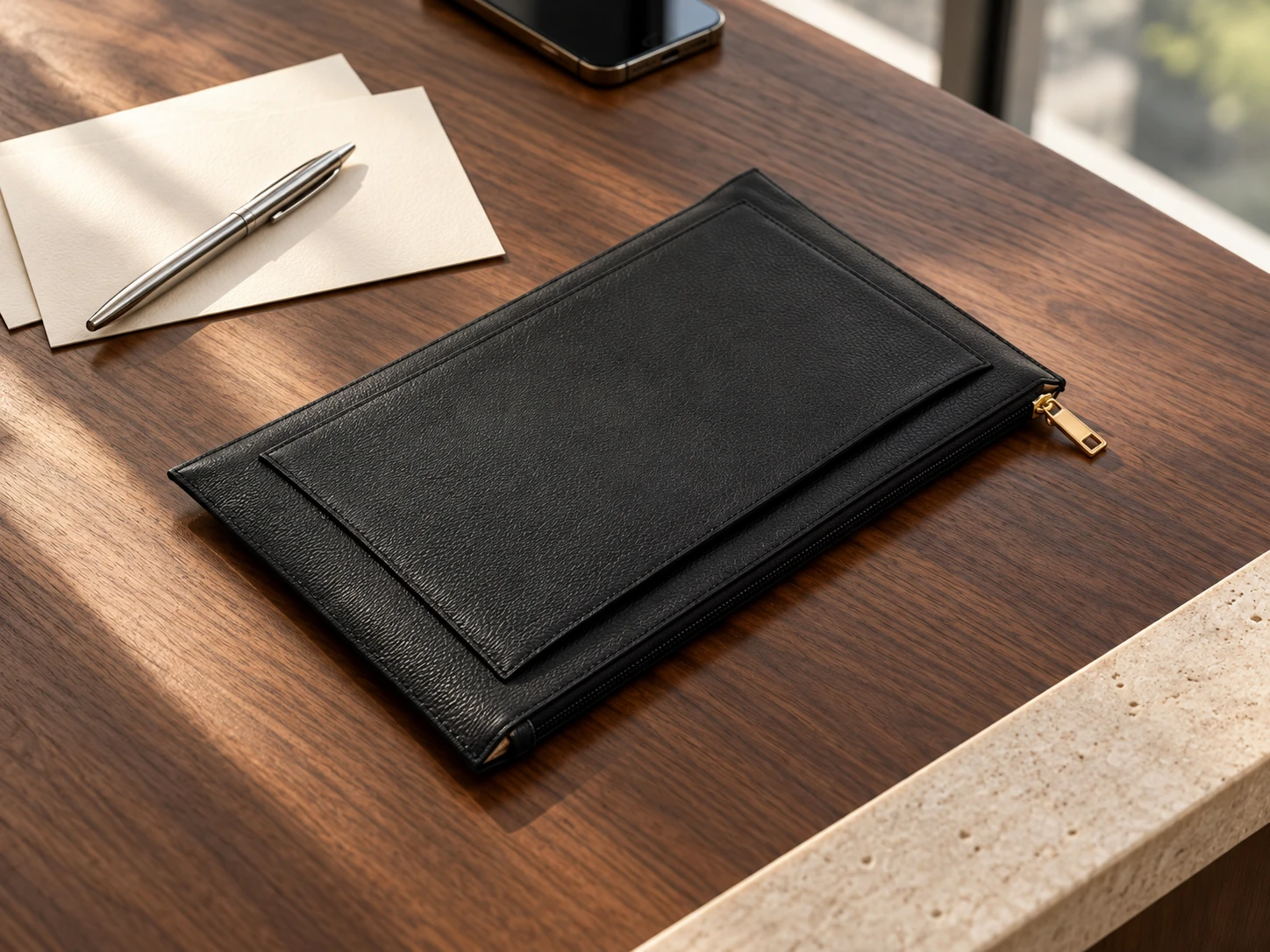 Porta-documentos preto DANKE PCT-001 com bolso externo e zíper dourado sobre mesa de madeira com papéis e caneta