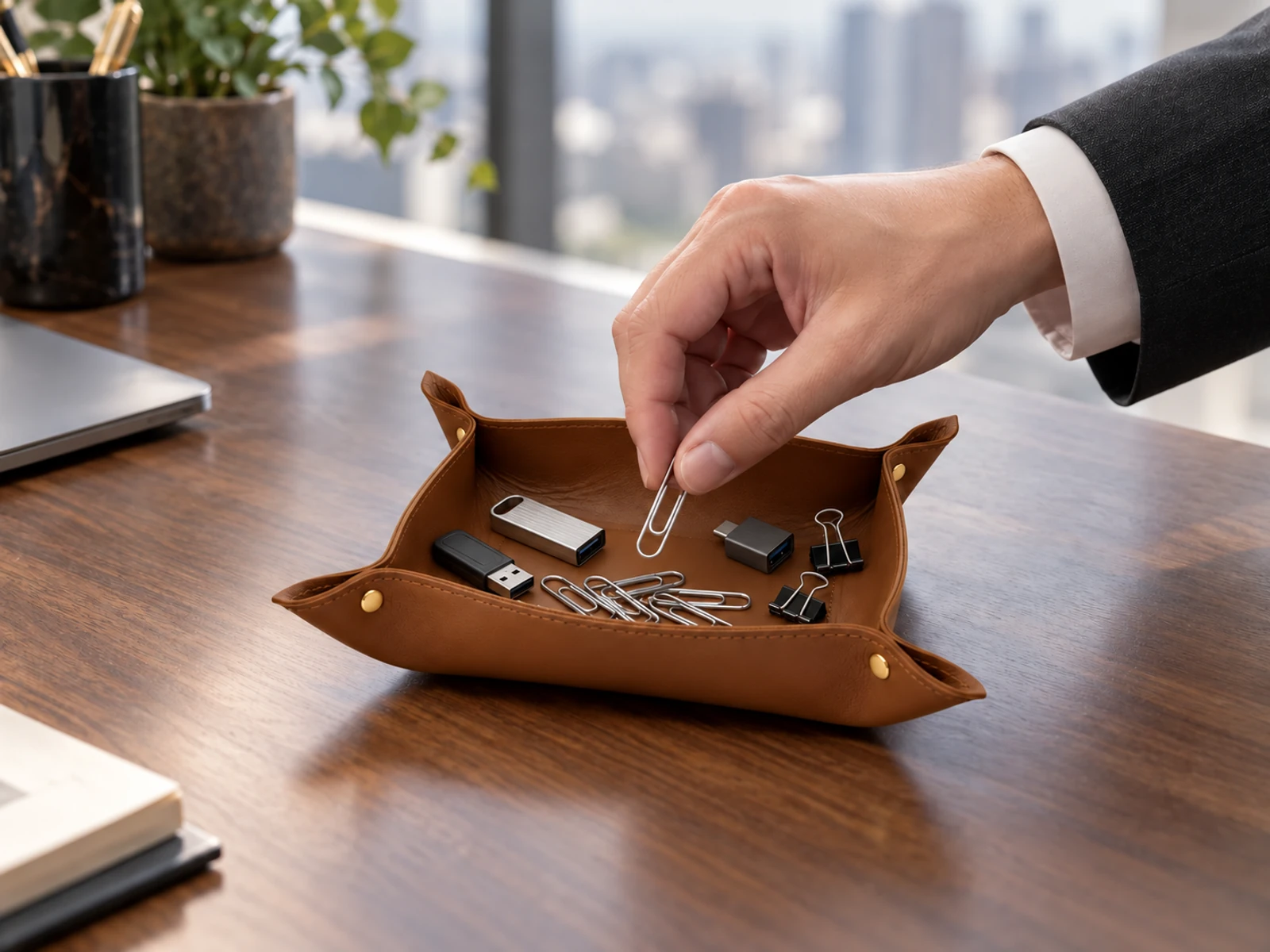 Mão retirando clipe da bandeja de couro DANKE com pendrive, adaptadores USB e prendedores de papel